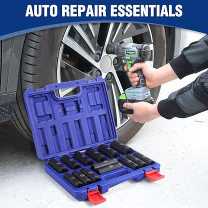 WORKPRO 14-Piece 1/2＂ Drive Deep Impact Socket Set, 6-Point Impact Deep Socket Set with Heavy Duty Storage Case for Automotive and Mechanical Repairs, 10mm-27mm, Cr-V Steel, Metric - style: 14PC, Metric