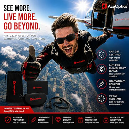 Safety Glasses – ANSI Z87 Certified, 5X Anti-Fog ClearShield™ Lenses with Premium Hard Case & Accessory Bundle - color: Red & Black / Tinted