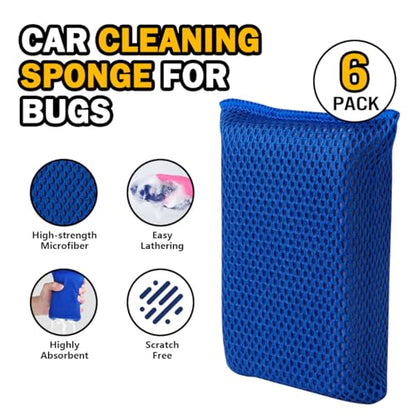 AIDEA Car Wash Sponge 6PK, Microfiber Large Bug and Tar Remover for Cars | Non Scratch Reusable Mesh Car Wash Sponges, Blue, 5.71*3.54*1.89 inch