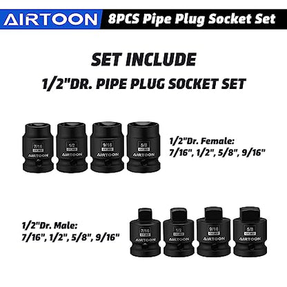 1/2" Drive Pipe Plug Socket Set, 8-Piece, SAE, CR-MO, 7/16" - 5/8", Tapered Male Square Drive, Chamfered Female Square Drive - size: 1/2" Drive