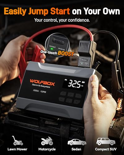 WOLFBOX MV10A 2000A Jump Starter with Air Compressor, 37Wh Car Battery Jumper Starter Portable (up to 5L Gas Engine) with 150PSI Tire Inflator, 12V Jump Box with Jumper Cables, Boost, LED Light - color: Gray