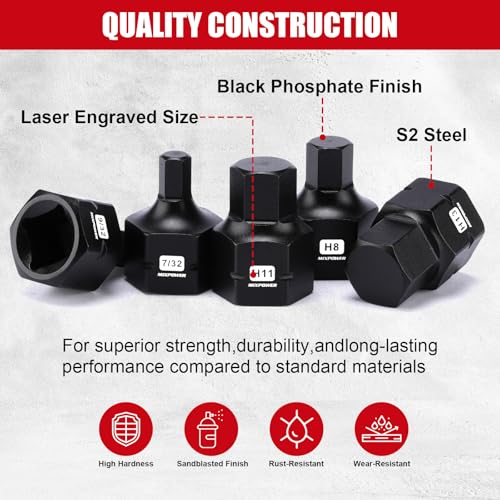 MIXPOWER 27-Piece 3/8" Drive Stubby Impact Hex Bit Socket Set,SAE/Metric, 5/32"-11/16",4mm-17mm, S2 Steel Air Drive Low Profile Socket Set,Impact Grade,Anti-Roll Design - size: 27 PCS 3/8"Drive:5/32"-11/16",4-17mm
