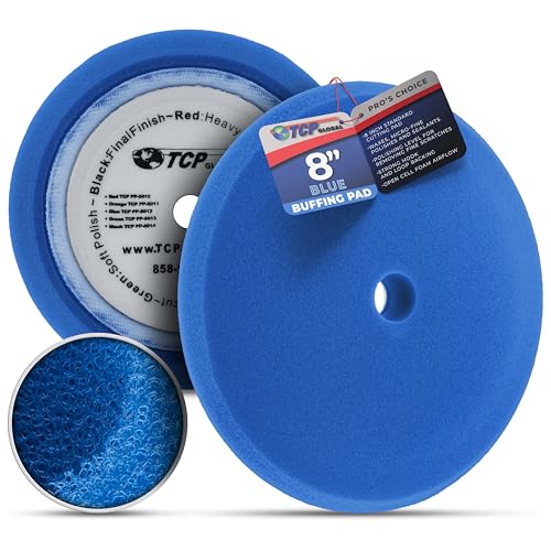 TCP Global 8" Blue Foam Buffing Pad Light Cut Polish Hook and Loop Backing - Buffing Pad for Automotive, Marine, Truck, RV & Compound Cutting - color: Blue