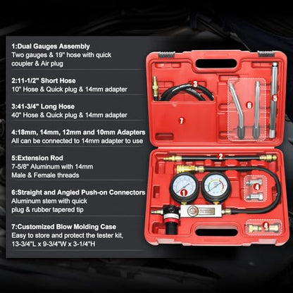 JIFETOR Cylinder Leak Down Tester Kit, Automotive Engine Compression Dual Gauge Leakdown Test Set with 10 12 14 18mm Spark Plugs Universal for Small Engine Motorcycle ATV, Red Case - color: Red Case