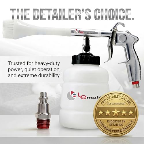 LE LEMATEC Interior Detailing Gun, Air Foam Car Wash Tool with Scrub Brush | Cleans Upholstery Carpet Vents Seats, Pneumatic Tornado Cannon, Solution Bottle, Auto Detail Kit - size: 3,000+ RPM