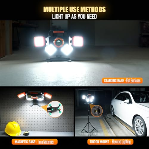 Tresda 5000LM Rechargeable Work Light, Magnetic LED Work Light with 360° Adjustable Foldable Design, 8000mAh Battery Powered Portable Work Light for Car Repair, Garage, Workshop, Camping & Emergency