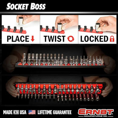 Ernst Manufacturing Socket Organizer Rails - Socket Boss 2-Rail 1/2-Inch-Drive Twist-Lock Socket Holder, 13-Inch, Red (8494) - Made in the USA - color: Red, size: 1/2", style: 13-INCH