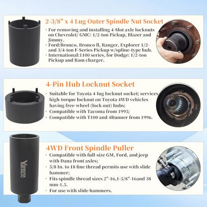Spindle Nut Socket Tool Kit, 4WD Lug Out Spindle Sockets Set | 6 Pcs Axle Hub Lock Nut Socket Remover Installer 1/2" Drive Compatible with Ford Dana 44/80 Toyota Dodge GMC Chevrolet
