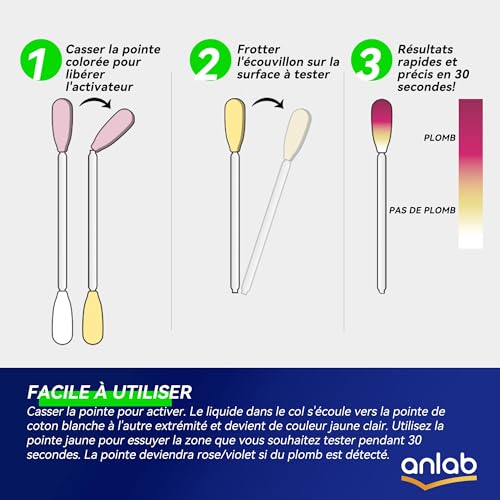 anlab™ Lead Test Kit | Rapid Results in Less Than 30 Seconds | All-in-One, No Vinegar Needed | Check Lead in Painted Surfaces, Wood, Metal & More | Disposable Cotton Swabs - (40 Count)