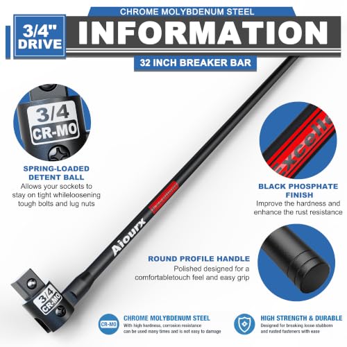 3/4” Drive 32 Inch Breaker Bar, Heavy Duty Head, Premium Chromium-Molybdenum Steel, Laser Etched Marking, for Loosen Rusted, Stubborn, Stuck Nuts and Bolts - size: 3/4 32 inch