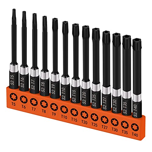 HORUSDY 13-Piece Security Torx Bit Set, 3” Impact Rated Tamper-Resistant Star Bits, S2 Alloy Steel, 1/4” Hex Shank, T5–T40, Long Power Tool Driver Bits - style: 13-Piece Torx Bit Set