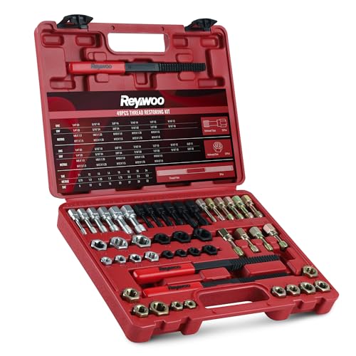 Reywoo 49 PC Thread Chaser Set, Metric and SAE Thread Restorer Tool | With 22 Taps 24 Dies 3 Thread Files; UNC UNF Metric Sizes; Heat-Treated Steel, Black Oxide; Hex Design - size: 49 PC in UNC UNF Metric Sizes