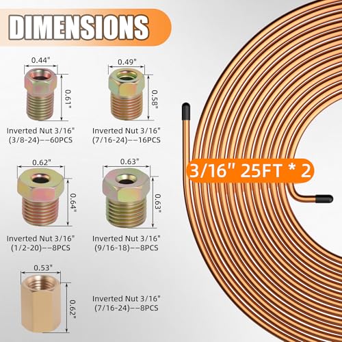 3/16" Brake Line Repair Kit, Double & Single Brake Line Flaring Tool Kit + 2 Set 25ft 3/16 Inch Brake Line with 100 Pcs Fittings(8 Unions Included) + Brake Line Bender - size: 3/16"