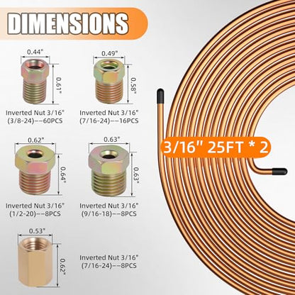 3/16" Brake Line Repair Kit, Double & Single Brake Line Flaring Tool Kit + 2 Set 25ft 3/16 Inch Brake Line with 100 Pcs Fittings(8 Unions Included) + Brake Line Bender - size: 3/16"