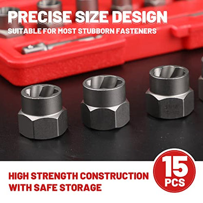 15-Pcs Bolt Extractor Set 3/8'' Drive Easy Out Bolt Extractor Set | Stripped Bolt Remover Nut Extractor Set for Damaged, Frozen, Rusted Sockets, Rounded-Off Bolts, Nuts & Screws - size: 15Pcs