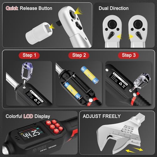 VANPO Adjustable Digital Torque Wrench, 2.2-44.3 Ft.lb/3-60Nm, ±2% Accuracy | Electronic Torque Wrench with 42mm Jaw and 3/8" Drive Ratchet, Buzzer, Vibration and LED Indicator for HVAC and Motorcycle - size: 2.2-44.3 Ft.lb/3-60 Nm(9×12mm)