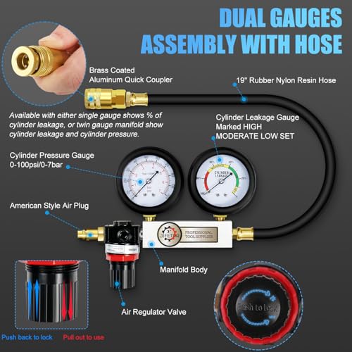 JIFETOR Cylinder Leak Down Tester Kit, Automotive Engine Compression Dual Gauge Leakdown Test Set with 10 12 14 18mm Spark Plugs Universal for Small Engine Motorcycle ATV, Blue Case - color: Blue Case