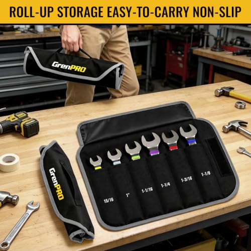 GRENPRO 15/16"-1-1/4" Large SAE Wrench Set, Combination Open End Wrench Set | Color Rings, Roll Up Pouch, Nickel Rust-Proof Coating, CRV Steel, Free Gauge for Quick Size Matching - style: SAE Nickel Wrench Set Large