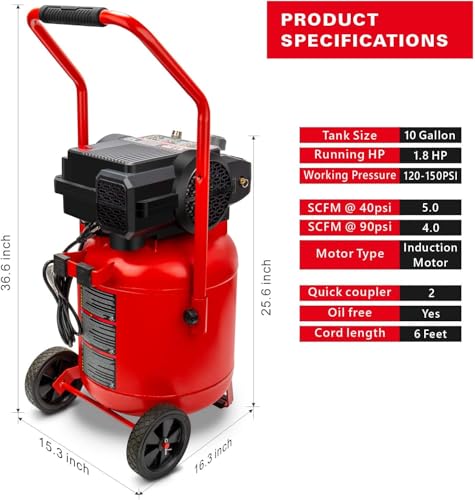 Craftsman Air Compressor 10 Gallon, Peak 1.8 HP, Max 150 PSI, 4.0CFM@90PSI, 5.0 CFM@40PSI, Oil-free, Portable Air Compressor with Wheel, 120V, Model: CMXECXA0331042