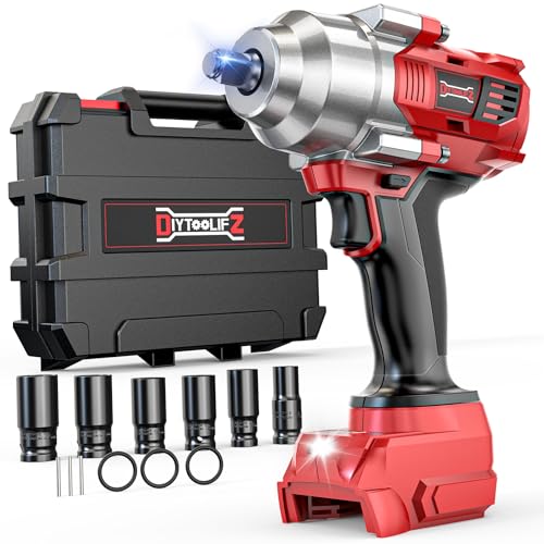 DIYtoolifz Cordless Impact Wrench 1/2" Compatible with Milwaukee 18v Battery, 750 Ft-lbs High Torque Impact Driver with 6Pcs Sockets & Storage Case, Impact Gun with 4-Speed & LED Light(Bare Tool)