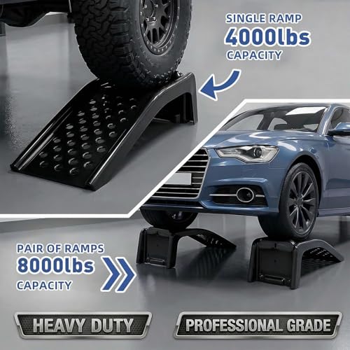 Heavy Duty Car Ramps for Oil Changes, 2 Pack Solid Steel Vehicle Ramps, 8,000 LBS Capacity Per Pair, 35" x 12" x 9.5", Auto Service Ramps, 9" Tire Track Width, Traction Hole Surface, Black - color: Black