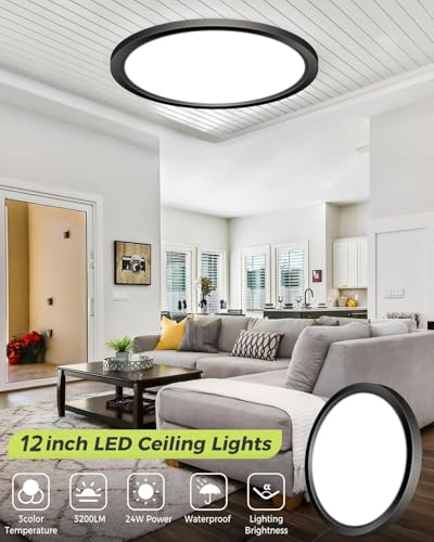 hepside 2PACK LED Flush Mount Ceiling Light 3000K-4000K-6500K & 100W Equivalent Modern Kitchen Recessed Ceiling Lamp 24W 3200Lm 12 Inch for Bathroom Closet Laundry Bedroom Hallway,Black - color: Black, size: 12Inch-2pack