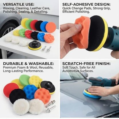21 Pcs 3 Inch Polishing Pad Kit for Drill - Car Buffing Pads Set with Wool & Foam, Self-Adhesive for Polishing, Waxing, Sanding | Drill Attachment Buffer Kit