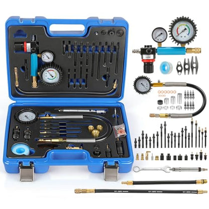 Compression Tester Automotive Kit,46Pcs Petrol & Diesel Compression Gauge Tester Set for Gasoline Engine,Tester Kit with Compression Gauge,Dual-Meter Leak Detector with Adapters,Quick-Connect Hose