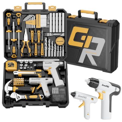GRENPRO 188PCS Yellow Cordless Drill Tool Set For Men Tool Kit For Home Box | All-In-One Basic Household Tool Box, Glue Gun Accessories DIY, CR-V Steel, Sturdy Storage Case Auto Repair Kit For Men - style: Yellow Power Drill Set 188PC