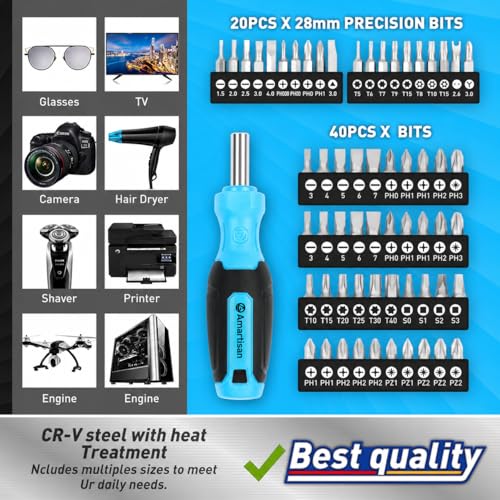 Amartisan 86-Piece Magnetic Screwdrivers Set with Case, Includs Slotted, Phillips, Hex, Pozidriv,Torx and Precision Screwdriver Set, Magnetizer Demagnetizer Tools, Tools for Men(Blue) - style: 86-Piece Screwdrivers Set (Blue)