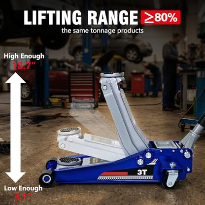 3-Ton Low-Profile Floor Jack Dual-Piston Pump 3.1-18.7in Lift Aluminum Steel Industrial Blue for Cars Trucks SUVs - color: Blue_1