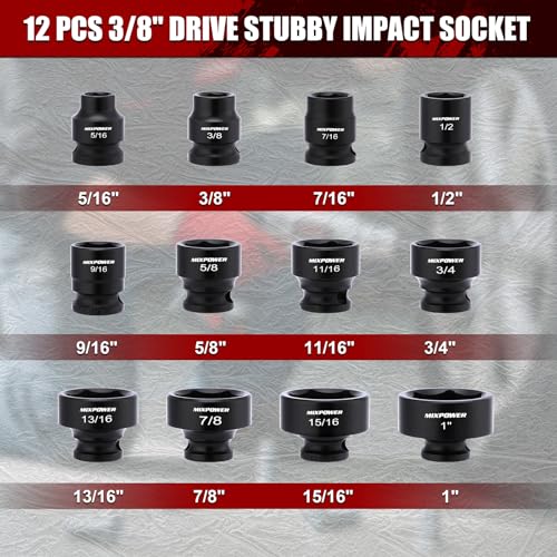 MIXPOWER 12-Piece 3/8" Drive Stubby Impact Socket,CR-MO,5/16"-1",6-Point,SAE,Radius Corner Design, Axle Nut Impact Grade Socket for Easy Removal - size: 3/8" Drive / SAE Set