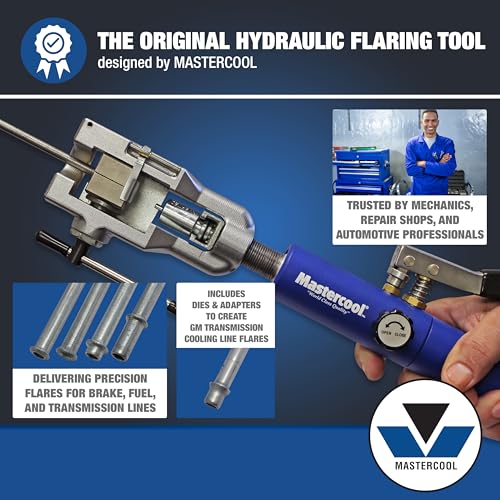 Mastercool 72485-PRC Universal Hydraulic Flaring Tool – 45° Double & Single Flares, Push Connect, GM Fuel Line, Brake Line & GM Transmission Cooling – Includes Hydraulic Ram & Mini Tube Cutter