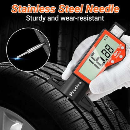 Preciva Tire Tread Depth Gauge, Digital Tire Depth Gauge with Large LCD Display and Inches, Millimeters, Fraction Conversion, Tread Depth Gauge Suitable for Thread Depth, Brake Shoe and Pad Wear - color: Orange