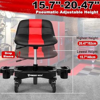 Rolling Stool with Wheels, Adjustable Height Pneumatic Garage Work Mechanic Stool Seat with Backrest, 400 LBS Capacity 360° Swivel Mechanic Crepper Chair with Tool Tray Storage, Red - color: Red