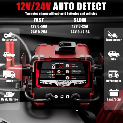 12V/24V Car Battery Charger & Engine Starter – Up to 50A Fast Charging, 250A Cranking Amps, Auto Maintainer, Desulfator, Repair & Winter Mode for AGM, Gel, Deep Cycle Batteries - color: 50A