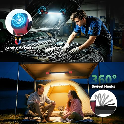 Underhood Magnetic Work Light for Mechanics, 4 Modes 2700K-6500K LED, 7800mAh 12H Battery, IP65 Waterproof, USB-C Rechargeable Hood Light for Car Repair/Garage/Emergency (Red) - color: Red