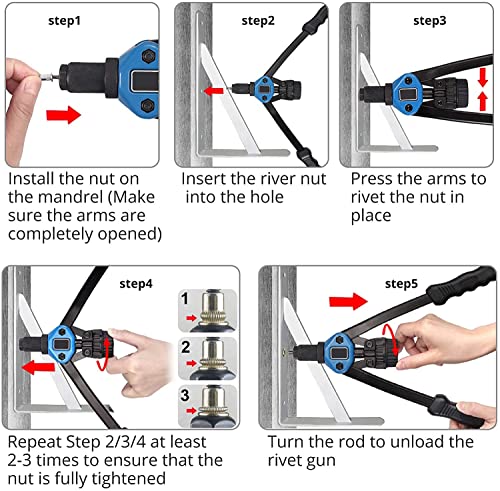 Hand Rivet Nut Tool, 13” Long Handles Hand Riveter Rivnut Tool Kit with 7 Pcs Metric Mandrels and 110 Pcs Rivet Nuts from M3 to M12 - size: 13" Hand Riveter + 110pcs Metirc Assortment