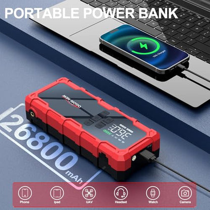 8000A Jump Starter with Air Compressor, 26800mAh 150PSI Portable Car Battery Jump Starter (All Gas/16L Diesel), 12V Supersafe Jump Box Car Battery Booster with Jumper Cables, Lights, Cigarette Lighter - size: L