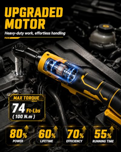 3/8" Cordless Ratchet Wrench Compatible with Dewalt 20V Battery, 74ft-lbs | 1250 RPM Brushless, LED Light, Compact Low Profile Electric Ratchet with 8 Sockets Set, 3 Inch Extension Bar - size: 3/8"