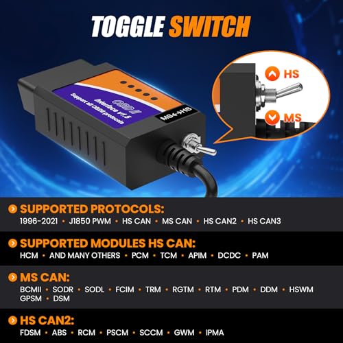 ELMconfig ELM327 OBD2 USB Adapter for Windows, OBD2 Scanner Diagnostic Coding Tool with MS-CAN/HS-CAN Switch for Ford Lincoln Mazda Mercury Series Vehicles