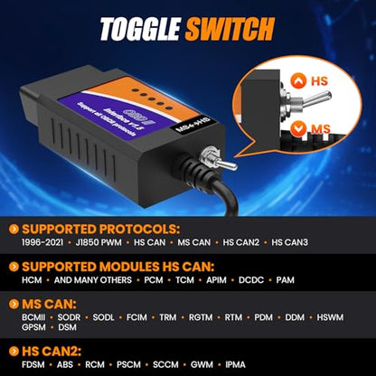 ELMconfig ELM327 OBD2 USB Adapter for Windows, OBD2 Scanner Diagnostic Coding Tool with MS-CAN/HS-CAN Switch for Ford Lincoln Mazda Mercury Series Vehicles