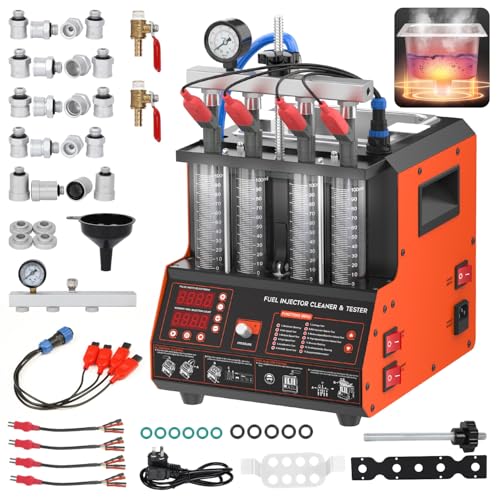 Fuel Injector Cleaner Tester Machine，4-Cylinder Ultrasonic Heating Cleaning | 4 Test Functions, 9 Test Modes, 2000ml Cleaning Tank, 110V Fuel System Injection Cleaning Kit for 12V Gas Car & Motorcycle