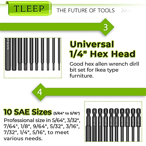 1/4 Inch 100mm Long Allen Wrench Drill Bits with 1/4" Quick Change Bit Driver, Sae Hex Screwdriver Set, Magnetic Allen Key Drill Bit Set 5/64"-5/16" S2 Steel Allen Socket Set for Ikea Furniture - color: Set 9: Sae and Quick Change Bit Driver