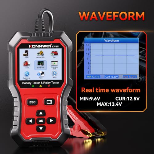 KONNWEI KW371 Battery Tester & Relay Tester | Tests 6V/12V/24V car batteries (AGM/GEL/EFB/Lithium) & 4/5-pin automotive relays. Checks CCA, charging & starting system. - size: 8.27*6*2.36 inch
