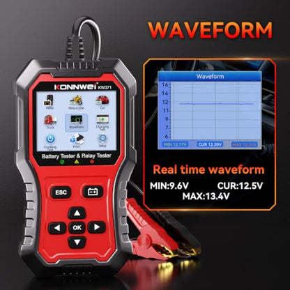 KONNWEI KW371 Battery Tester & Relay Tester | Tests 6V/12V/24V car batteries (AGM/GEL/EFB/Lithium) & 4/5-pin automotive relays. Checks CCA, charging & starting system. - size: 8.27*6*2.36 inch