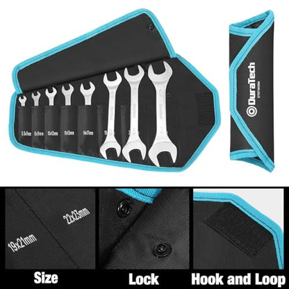 DURATECH Super-Thin Open End Wrench Set, Metric, 8-Piece, Including 5.5, 7, 8, 9, 10, 11, 12, 13, 14, 17, 19, 21, 22, 23, 24, 27 mm, Slim Spanner Set with Rolling Pouch - color: Silver, size: Metric