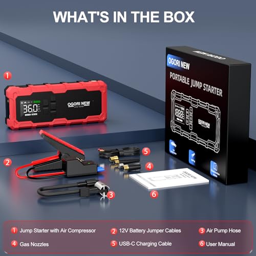 7000A Jump Starter with Air Compressor, 21800mAh 150PSI Portable Car Battery Jump Starter (All Gas/16L Diesel), 12V Supersafe Jump Box Car Battery Booster with Jumper Cables, Lights - size: M
