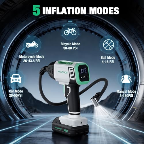 HAUSHOF Tire Inflator Portable Air Compressor, 150 PSI Air Pump, Dual Power | 20V Battery & 12V DC Power, Auto Shut-Off, Digital Gauge & LED Light, Ideal for Cars, Motorcycles, Bikes