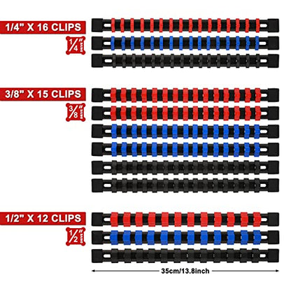 CASOMAN 12PC ABS Socket Organizer, Premium Quality Socket Holders,1/4-Inch x 48 Clips, 3/8-Inch x 90 Clips, 1/2-Inch x 36 Clips, Blue & Red & Black - size: 12PCS